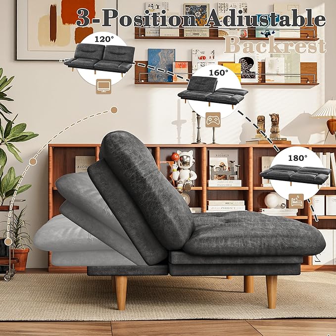Homall Futon Sofa Bed Modern Loveseat Futon Couch with Adjustable Backrest and Armrests Sleeper Sofa Bed with Wood Frame for Living Room Office Apartment (Leathaire Coal Black)