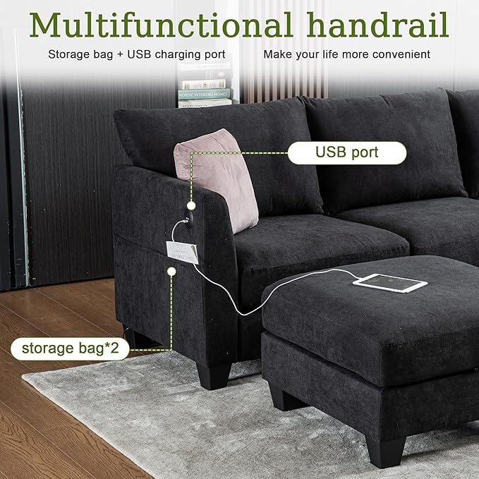 122.8 Large Sectional Couches for Living Room 6 Seater L Shaped Modular Sectional Sofa with Storage Ottoman &amp USB Oversized Corner Couch for Living Room（Black）