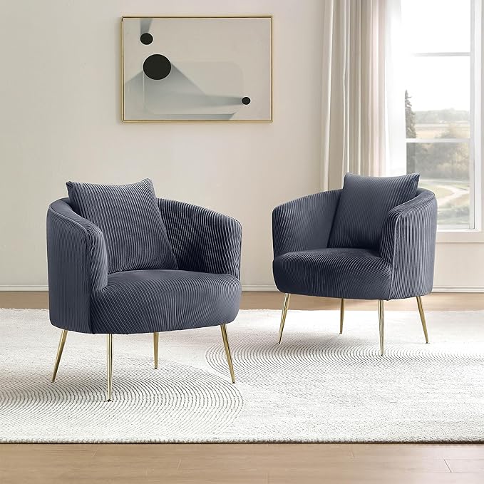 Art Leon Velvet Accent Chair Upholstered Modern Single Sofa Chair Comfy Barrel Chair with Golden Metal Legs for Living Room Bedroom Gray