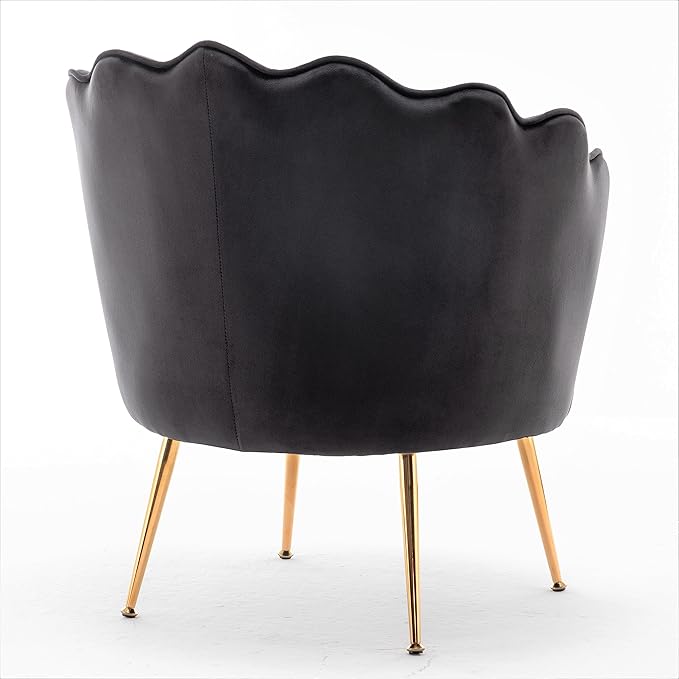 Velvet Barrel Accent Chair with Scalloped Silhouette and Gold Metal Legs Decorative Piece Suitable for Traditional Modern and Contemporary Spaces Black