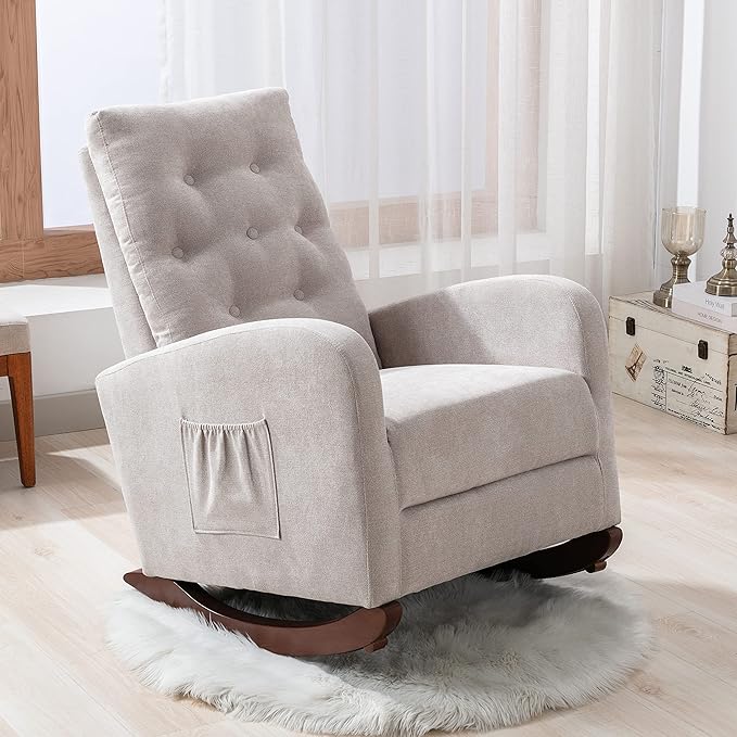 Cozy Linen Reclining Rocking Chair with Side Storage Pocket Comfortable Button Tufted Rocker Elegant and Functional Rocking Recliner Chair Ideal for Living Room &amp Nursery Grey