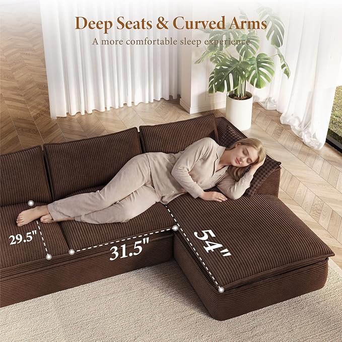 Vesgantti 141.7 U Shaped Boneless Sectional Couch Modern 6 Seater Modular Sofa with Chaise &amp Ottoman Deep Seat Corduroy Cloud Couches for Living Room No Assembly Required Dark Brown