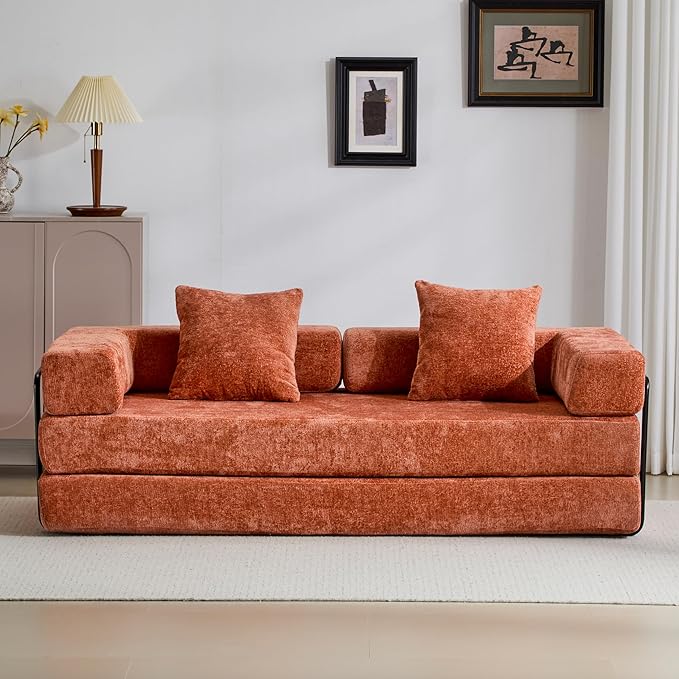 Convertible Couch Sofa Bed Foldable Floor Sleeper | Modern Fold Out Couch | Removable Backrest &amp Armrests | No Assembly Compression Sofa Sleeper for Living Room Bedroom | Orange Chenille