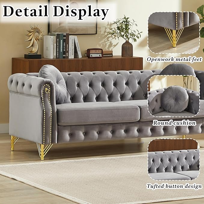 37 Velvet Chesterfield Single Sofa Sets with Two Pillows Featuring Copper Stud Detailing (Grey 37 Single Sofa)