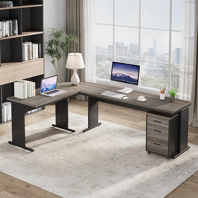 Tribesigns 83 Inch L-Shaped Executive Desk with Drawers Large Office Computer Desk with File Cabinet Business Workstation Furniture for Home Office (Gray)