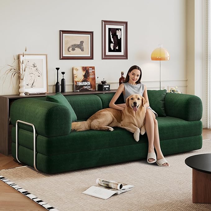 Convertible Sleeper Sofa Bed Corduroy Floor Couch Bed with Silver Fixed-Shape Frame Modern Modular Sofa with Pull Out Bed Loveseat Sleeper Boneless Couch for Living RoomGreen
