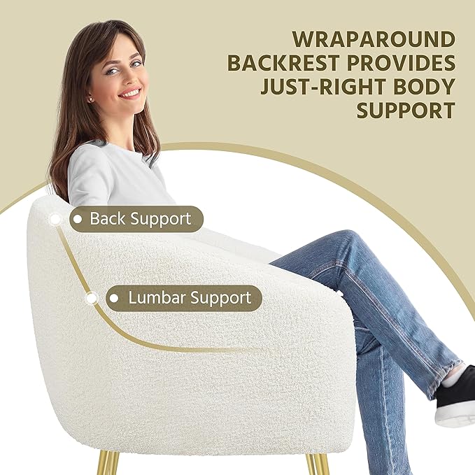 Yaheetech Accent Chair Modern Cozy Vanity Chair with Gold Metal Legs Boucle Fabric Armchair with Removable Seat Cushion for Living Room Bedroom Office Guest Room Ivory 2 pcs