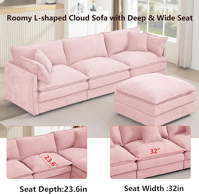 102 L-Shaped Sofa for Living RoomModular Sectional Cloud Sofa Couch with OttomanModern Chenille 3 Seater Sofas with Deep SeatSmall L Shaped Couches for Bedroom (Pink 102)