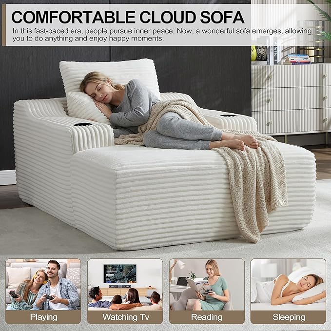 46 Chaise Lounge Chair Indoor Cloud Sleeper Sofa Bed with Cup Holder Corduroy Upholstered Sofa Couch with 9.84 Armrest for Living Room Apart No Assembly Required White
