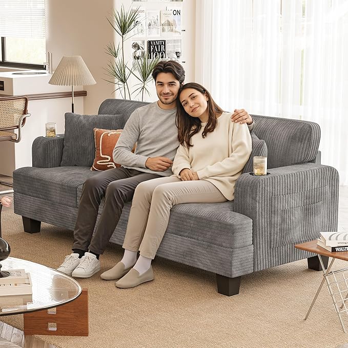 YESHOMY Couches for Living Room Comfy Corduroy Cloud Couch 3 Seater Sofa with Deep Seat Modern Couch with 2 Pillows and 2 Cup Holders for Apartment (Gray) | Deep Seat Cloud Cousion Soft Pillows