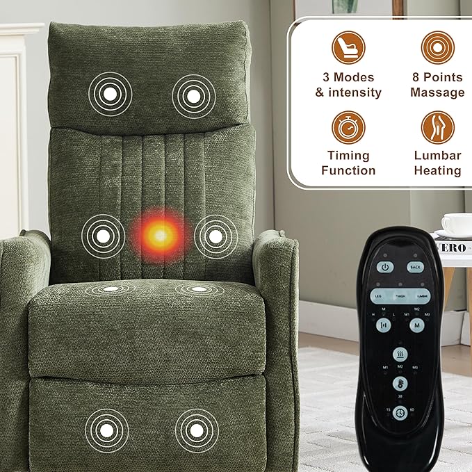 Manual Swivel Rocker Recliner Chair for Adults Overstuffed Glider Chair for Nursery with Massage and Heat Living Room Reclining Chair Fabric Green