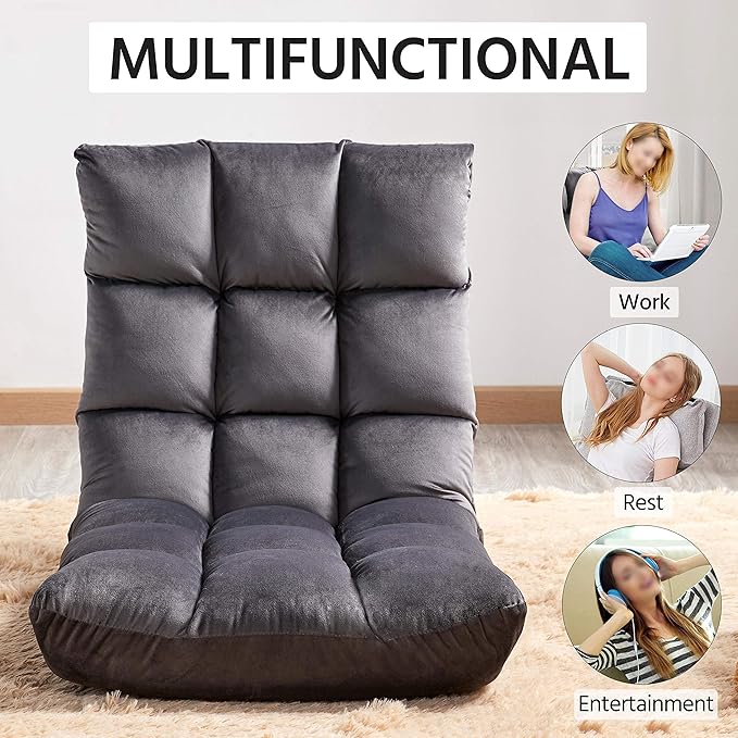 Topeakmart Floor Folding Chair with 14 Adjustable Positions Portable Padded Lounge Chair with Backrest Lazy Sleeper Recliner for Living Room Bedroom Gray Set of 2