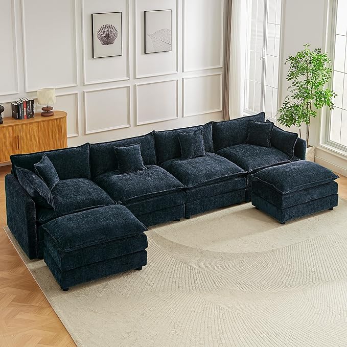 Modular Sectional Sofa 147.2 Inch U Shaped Couch Set with Armrests 4-Seater Comfy Cloud Couches with Movable Ottoman for Living Room Apartment Blue