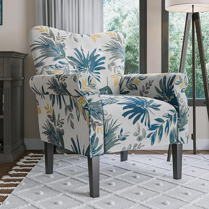 BELLEZE Modern Accent Chair High Back Armchair Upholstered Wingback Side Chair Padded Single Sofa with Wooden Legs for Living Room Bedroom - Green Blue Floral