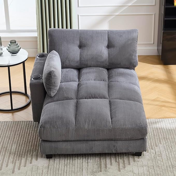 Oversized Lounge Chaise Convertible Sleeper Sofabed Corduroy Sleeper Daybed Indoor Recliner Chair Sofa Bed with Cupholders and Adjustable Headrests for Living Room Bedroom Reading Home Apartment