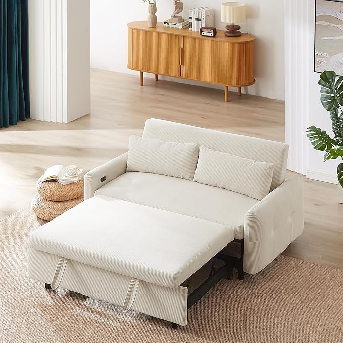 Merax Pull-Out Sofa Bed Convertible Couch 2 Seat Loveseat Sofa Modern Sleeper Sofa with Two Throw Pillows and USB Ports for Living Room Beige