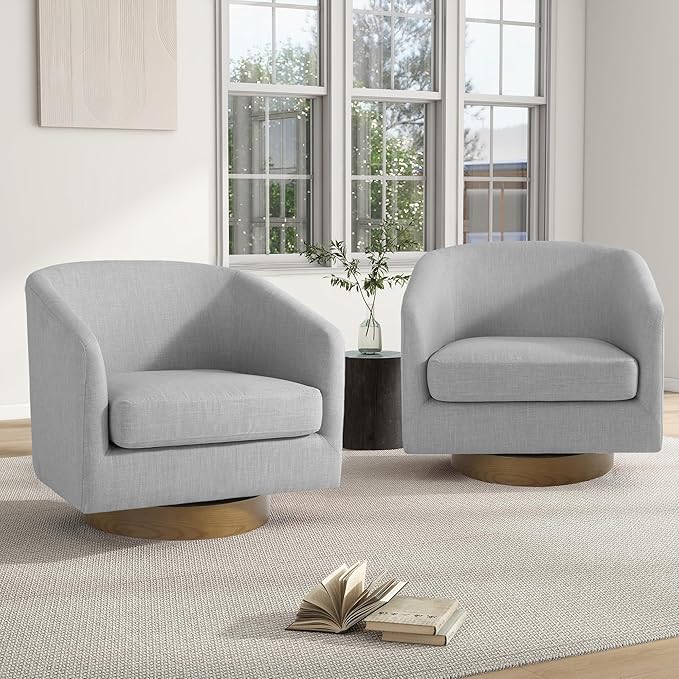 Swivel Barrel Chair Modern Round PU Leather Accent Armchair for Living Room Bedroom Oversized Comfy Club Reading Chairs for Adults (Fabric Light Grey Set of 2)