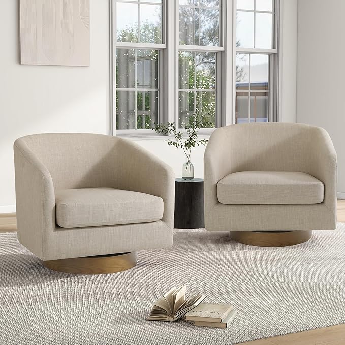 Swivel Barrel Chair Modern Round PU Leather Accent Armchair for Living Room Bedroom Oversized Comfy Club Reading Chairs for Adults (Fabric Light Brown Set of 2)