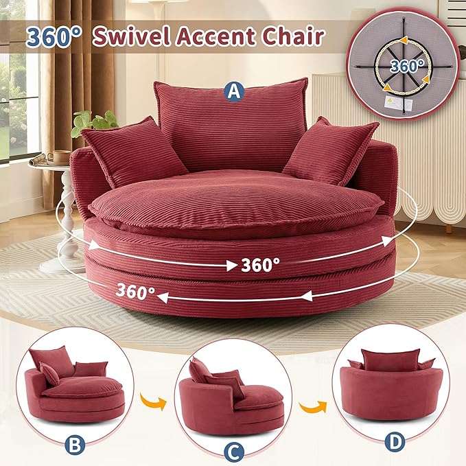 Eafurn 57.5 Oversized Swivel Barrel Chair with Dual-Layer Cloud Cushion Modern Corduroy Accent Round Chair for Living Room 360° Rotating Lounge Armchair with 3 Pillows for Bedroom &amp Reading Noo