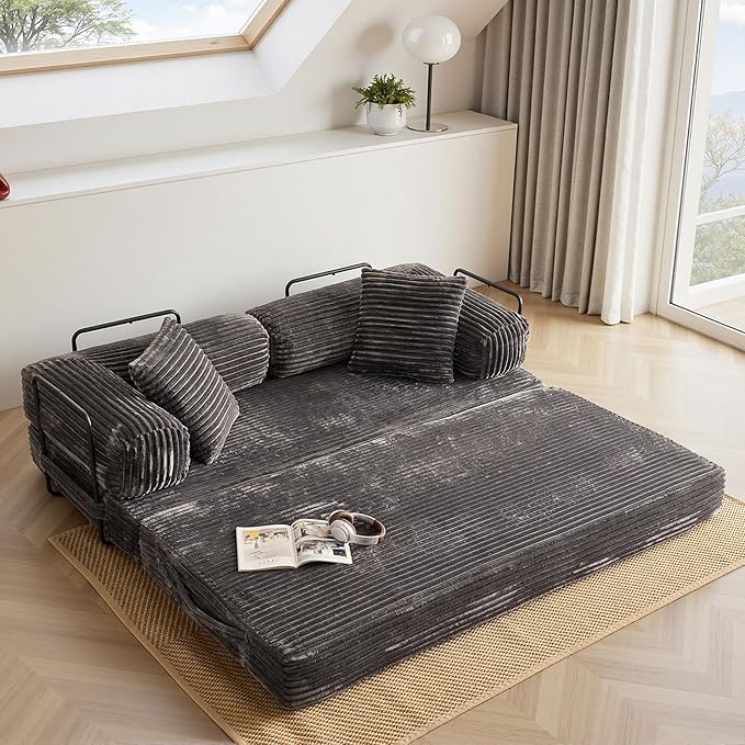4-in-1 Folding Convertible Sleeper Sofa Bed81 Plush Corduroy Boneless Couch Pull Out BedsLoveseat Floor Futon for Small Spaces Living Room Bedroom ApartmentGrey