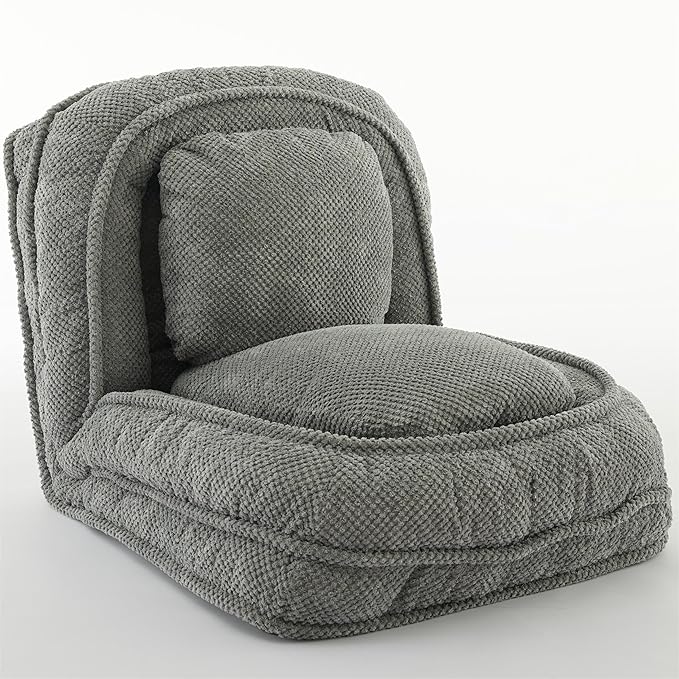 Foldable Lazy Sofa Bed Floor Chair Upholstered Human Dog Bed with 5 Adjustable Position Comfy Tatami Lounge Chair with 2 Pillows Lazy Sofa for Bedroom Living Room Reading (Gray 1)