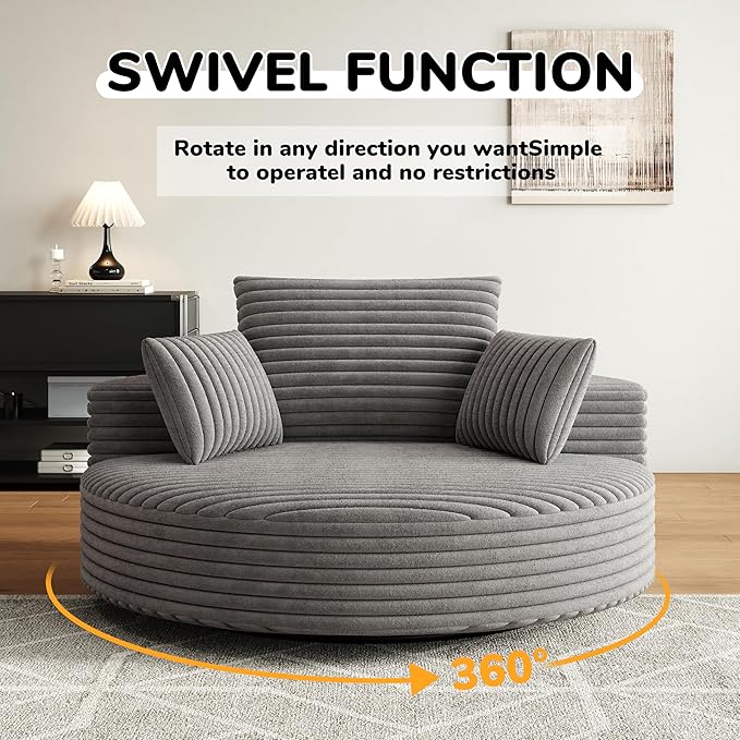 55 Oversized Round Swivel Chair 360° Corduroy Upholstered Barrel Sleeper Lounge Chair Deep Seat Single Sofa Armchair with Back Pillow Modern Accent Chair for Living Room Bedroom Grey