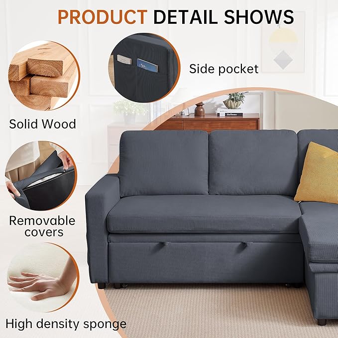 Sleeper Sofa Bed Convertible L Shaped Sofa | Pull Out Bed with Reversible Storage Chaise | Layered Storage | Side Pockets | 3-Seater Comfy 79 Sectional Pullout Couch for Living Room Dark Grey