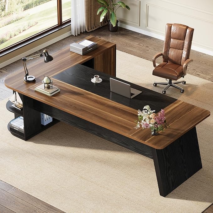 Tribesigns 79-Inch Executive Desk Large Office Desk with Cabinet L-Shaped Compter Desk with Storage Shelves Writing Table for Home Office Brown and Black