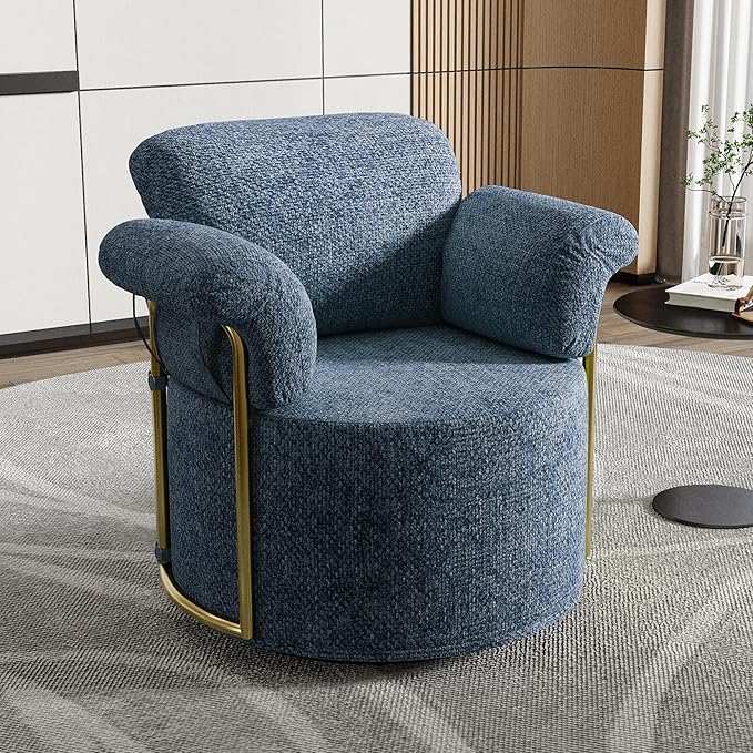 Swivel Accent Chair 360° Bouclé Barrel Chair with Sturdy Metal Frame Blue Round Accent Chair with Deep Seat &amp Thick Armrests Soft Reading Lounge Chair for Bedroom Living Room Office