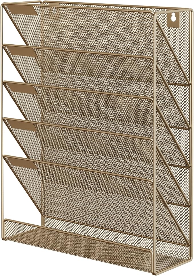 EasyPAG 5 Tier Wall File Holder Mesh Hanging Folder Organizer with Classify Label Versatile Desk File Holder Vertical Wall Mounted Mail Organizer for Office Home Cubicle Gold
