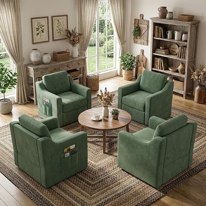 360° Swivel Accent Chair Set of 4 Large Comfy Reading Chairs Accent Square Single-seat Armchair Upholstered Sofa for Reading Nursery Living Room Bedroom Lounge Hotel Green