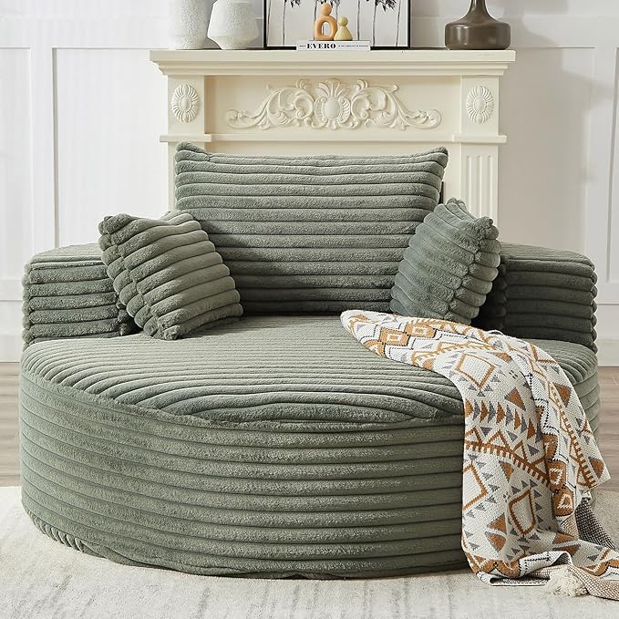 Oversized Round Chaise Lounge Chair Indoor 55'' Corduroy Deep Seat Circle Single Floor Sofa Chairs Modern Upholstered Sponge Armchair Cloud Sleeper Chair for Living Room Bedroom Apartment Green