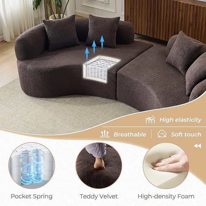 106.7'' Modern Curved Sectional Sofa Luxury Teddy Velvet Upholstered Couch Comfy Cloud Compressed Sofa with 4 Pillows for Living Room Apartment No Assembly Needed Brown