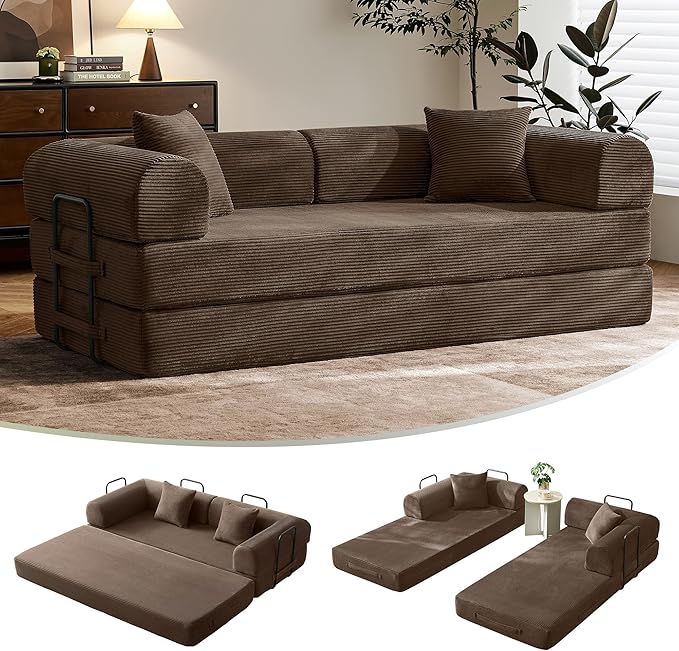 79 Modular Floor Sofa Convertible Sleeper Sofa with Reinforced Steel Frame Wrinkle-Resistant Corduroy Space Saving Design for Studio &amp Game Room (Brown)
