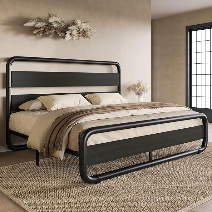 SHA CERLIN Full Size Metal Bed Frame with Wooden Headboard and Footboard Heavy Duty Oval-Shaped Platform Bed Frame with 10 Under-Bed Storage Noise Free No Box Spring Needed Black