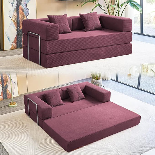 Compression Sofa - 78''Convertible Floor Sofa Bed - with Pillow Back Support Armrest - Comfy Foldable Sofa Bed Compressed Sofa in Box - Corduroy Fabric - for Living Room Bedroom - Burgundy