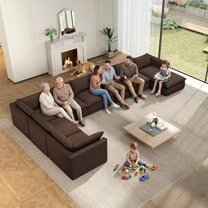Vesgantti 141.7 U Shaped Boneless Sectional Couch Modern 6 Seater Modular Sofa with Chaise &amp Ottoman Deep Seat Corduroy Cloud Couches for Living Room No Assembly Required Dark Brown