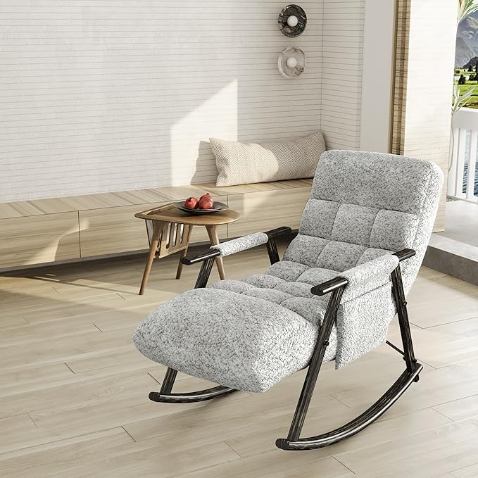 Adjustable Rocking Chair Foldable Lounge Chair with Footrest Teddy Fabric Upholstered Rocking Chair 5 Recline Positions for Living Room Bedroom