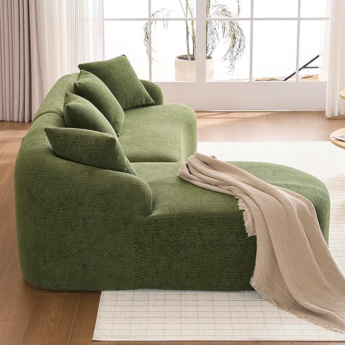 Curved Sectional Sofa Couch Oversized L Shape Deep Seat Cloud Couch Modern Chenille 4-Seater Sofa with Chaise No Assembly Required Couches for Living Room Apartment Office Green