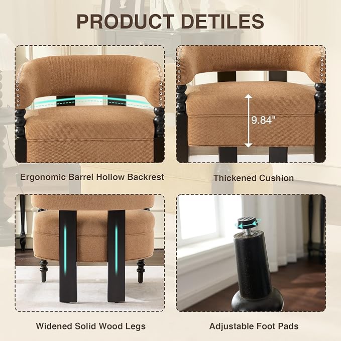LOULENS Barrel Accent Chair for Living Room | Vintage Linen Upholstered Lounge Chair with Solid Wood Legs Armchair for Bedroom Reception Room &amp Reading Nook Brown