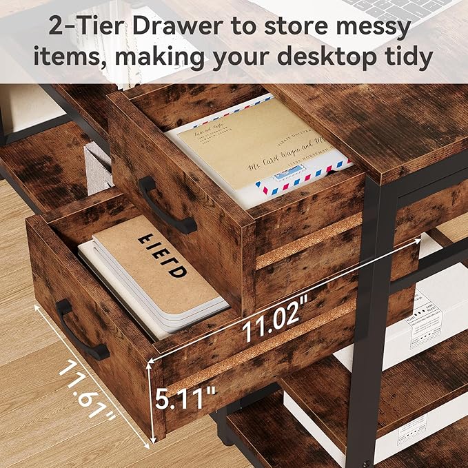 LITTLE TREE 55-Inch L-Shaped Computer Desk Reversible Computer Desk with Drawers and Storage Shelves Corner Desk Gaming Desk Work Desk for Home Office Rustic