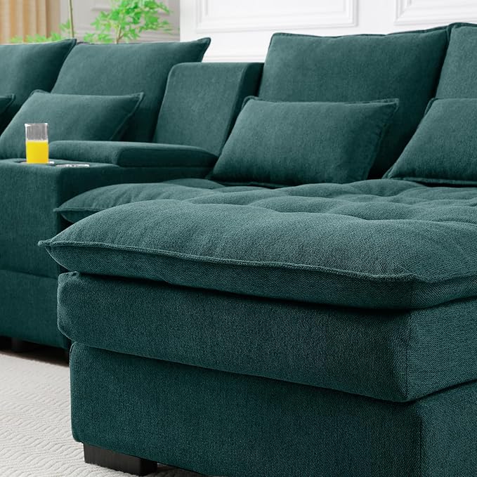 130 U-Shaped Modular Sectional Sofa Oversized Cloud Couches with Storage Console &amp Cup Holders Linen Sofa with Chaise/Pillows 6-Seater Deep Seat Couches for Living Room (Green) | Breathable ma