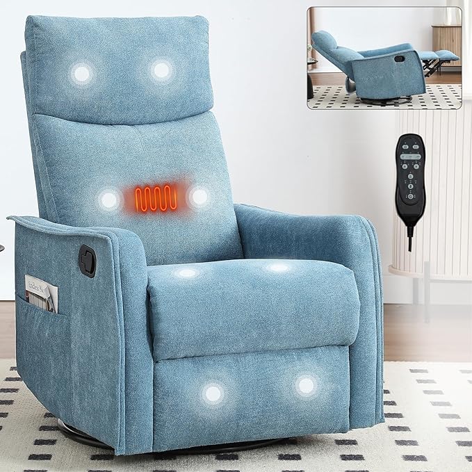 360°Swivel in Fabric Reclining ChairsHeat Massage Manual Recliner ChairSmall Recliners SpacesSingle Lazyboy Recliner Sofa for Living RoomRVBedroomBlue