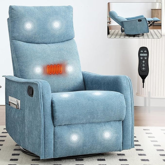 Heat Massage Manual Recliner Chair with Rocker and Swivel in Fabric for Living Room Blue
