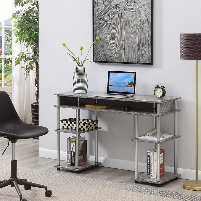 Pemberly Row No Tools Student Desk Gray Faux Marble Wood Finish Stainless Steel Legs 47.25 x 15.75 x 30 in Modern Home Office Desk with Shelves for Storage