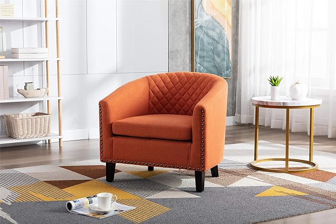 Accent Barrel Chair Living Room Chair with Nailheads and Solid Wood Legs Orange Linen