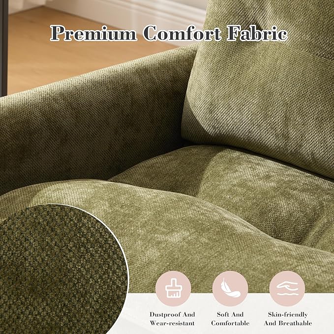 KEIKI 360-Degree Chenille Accent Sofa Chair with Thick Padded Arm and Side Pockets Single Sofa Chair with Memory Foam Support and Solid Metal Base Easy Assembly for Living Room and Bedroom Green