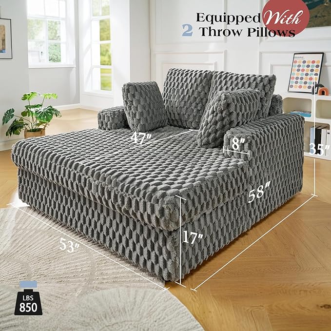 VanAcc 58 Upholstered Chaise Lounge Plush Sleeper Chair Sofa Bed with Throw Pillows &amp Armrests Sleeper for Living Room Ash Grey
