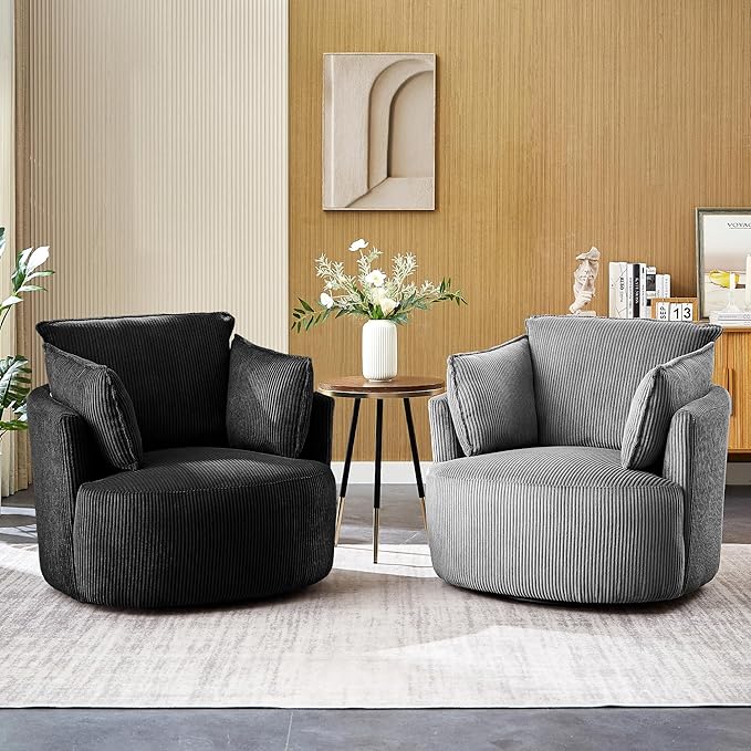 Swivel Accent Chair Round Barrel Armchair Upholstered Living Room Chair Corduroy Reading Chair Single Sofa Chair for Bedroom Apartment Office (Grey Standard 1Seater)