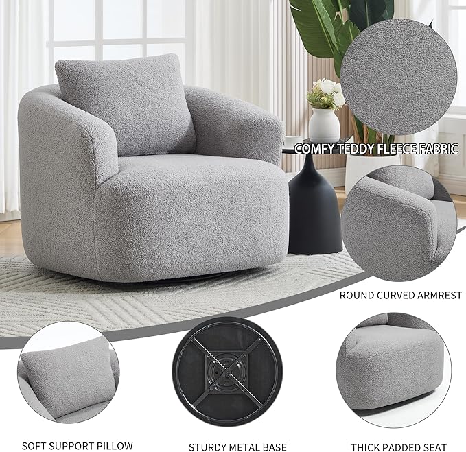 Swivel Accent Chair360° Rotating Barrel ChairTeddy Fleece High-Resilience Sponge Single Sofa Easy Assembly for Living Room Bedroom Apartment Light Grey